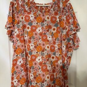 Floral Blouse with Puff Sleeves and Ruffled Style Size XXL New Without Tags